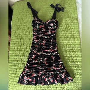 NWT Junior’s Lily Rose Satin Tie Shoulder Ruched Mesh Skater Dress